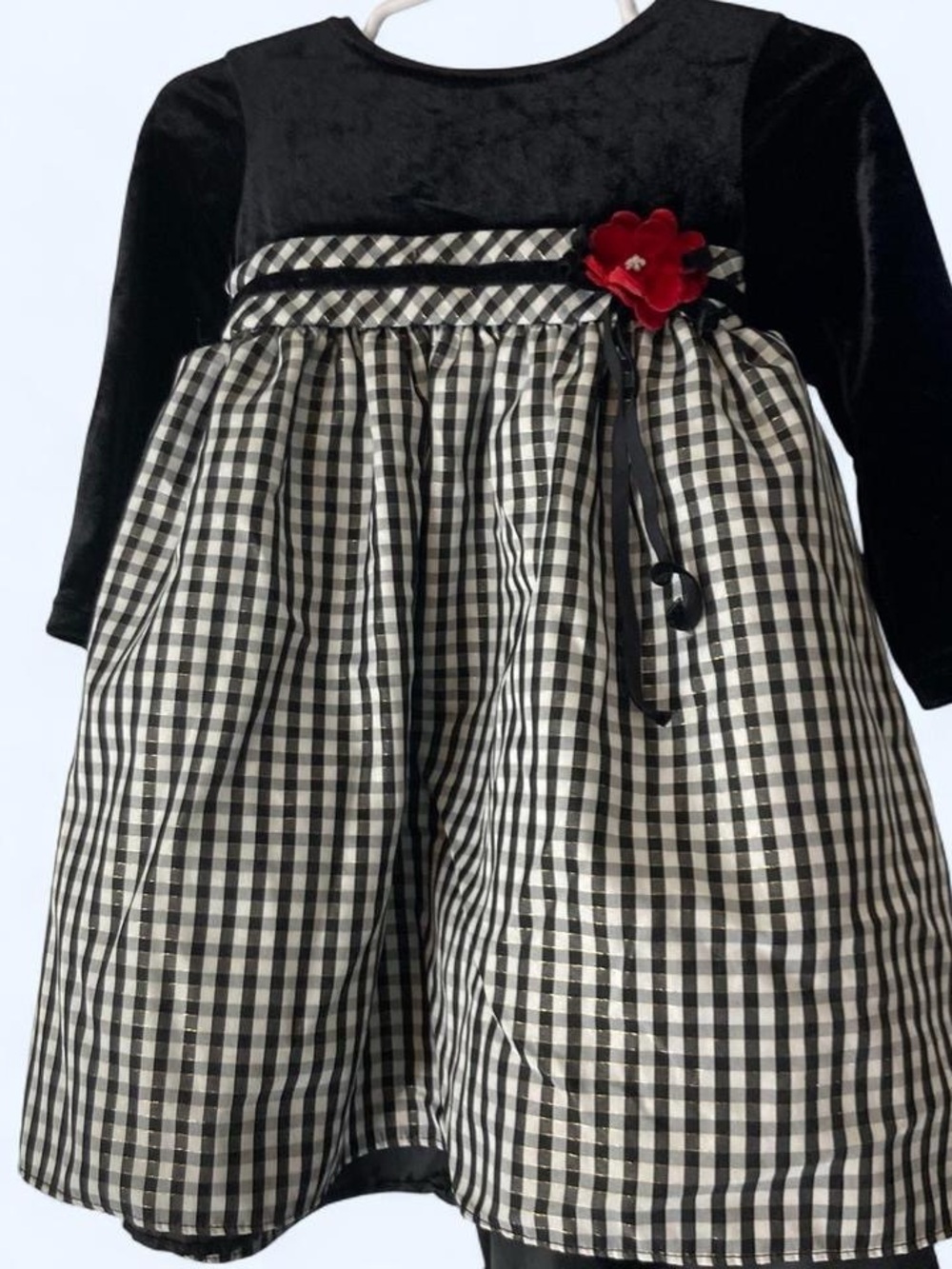 Black & white dress with velvet trim and red flower detail Sophia Rose 18M